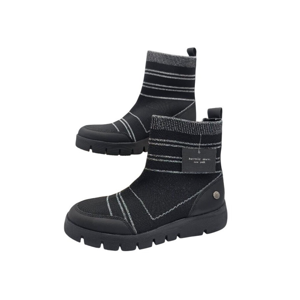 Bernie Mev Senia Bootie Womens‎ 39 8 Black Silver Knit Pull On Sock Boot New